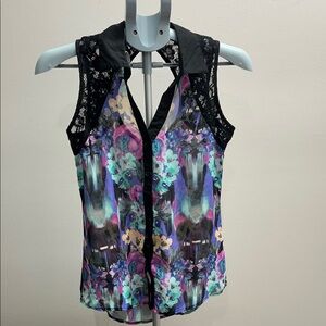 Maurices Black Floral Lace Trim Button-Front Camisole